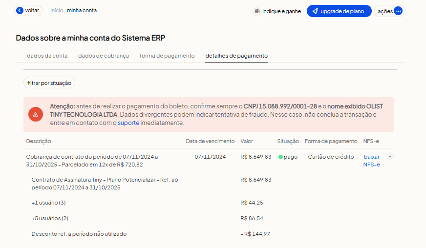 Aba Detalhes de Pagamento com histórico de faturas pagas, pendentes e download de NFS-e no Olist ERP