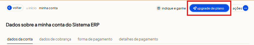 Tela de Upgrade de Plano no módulo Minha Conta do Olist ERP