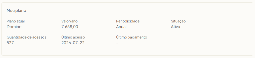 Quadro Meu Plano com valor, periodicidade e último pagamento no Olist ERP