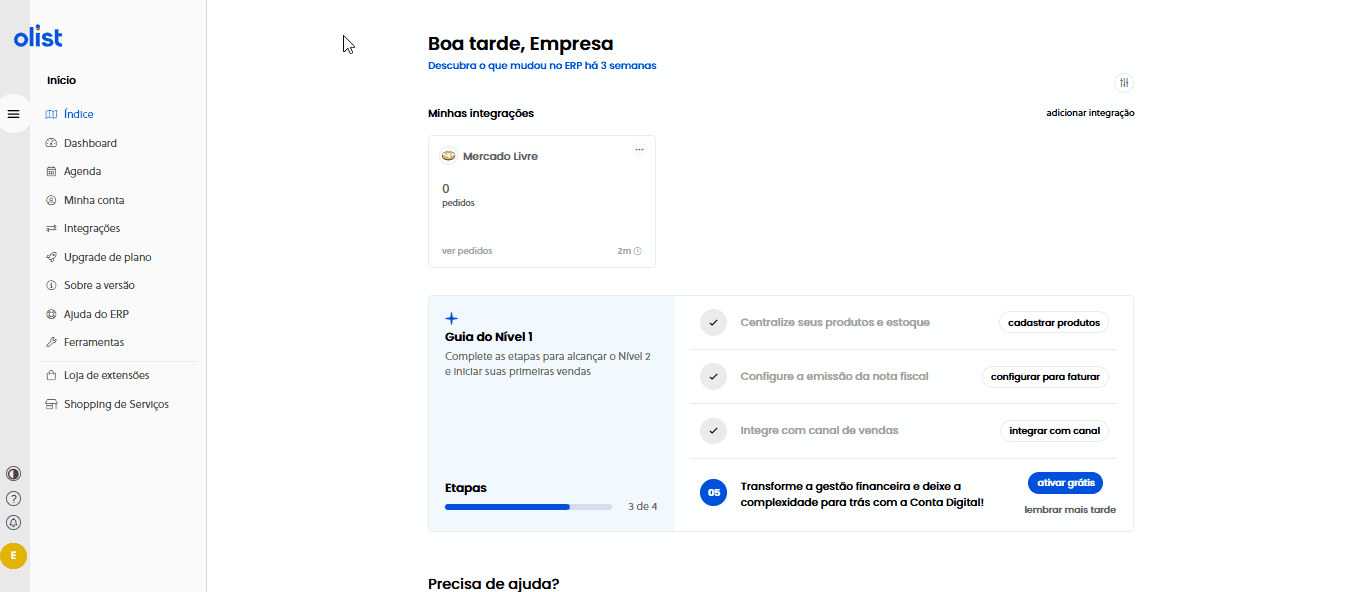 Passo a passo animado mostrando como habilitar a extensão e criar depósitos de estoque no Olist ERP antes de instalar integrações
