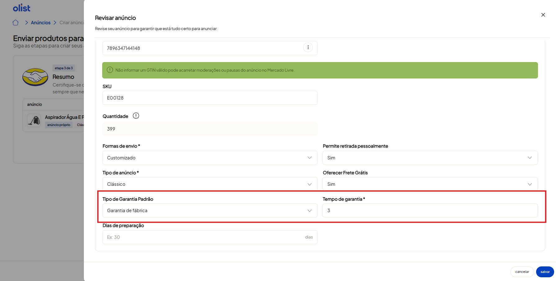 Tela oficial do Olist ERP - tut16_publicar_anuncios_hub_olist Passo 13