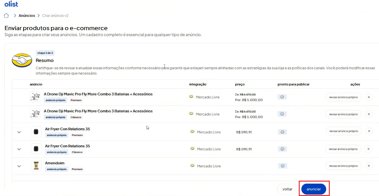 Tela oficial do Olist ERP - tut16_publicar_anuncios_hub_olist Passo 15