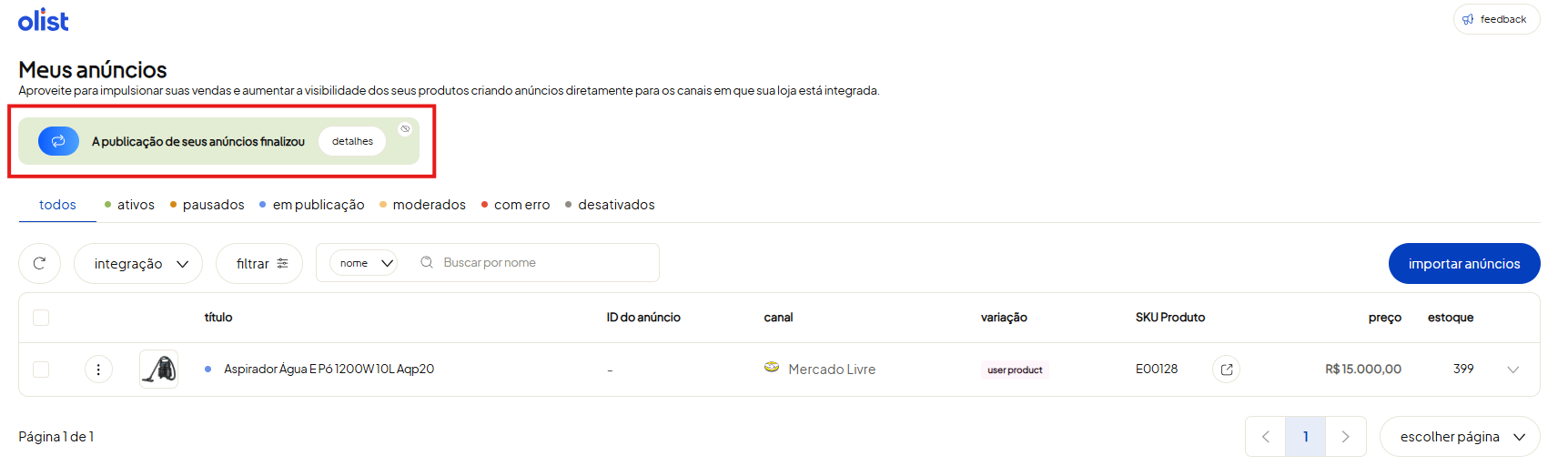 Tela oficial do Olist ERP - tut16_publicar_anuncios_hub_olist Passo 16
