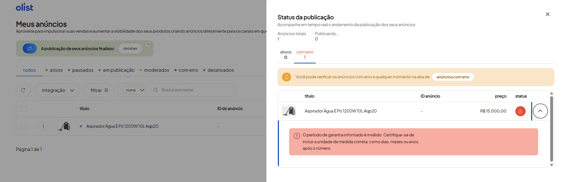 Tela oficial do Olist ERP - tut16_publicar_anuncios_hub_olist Passo 17