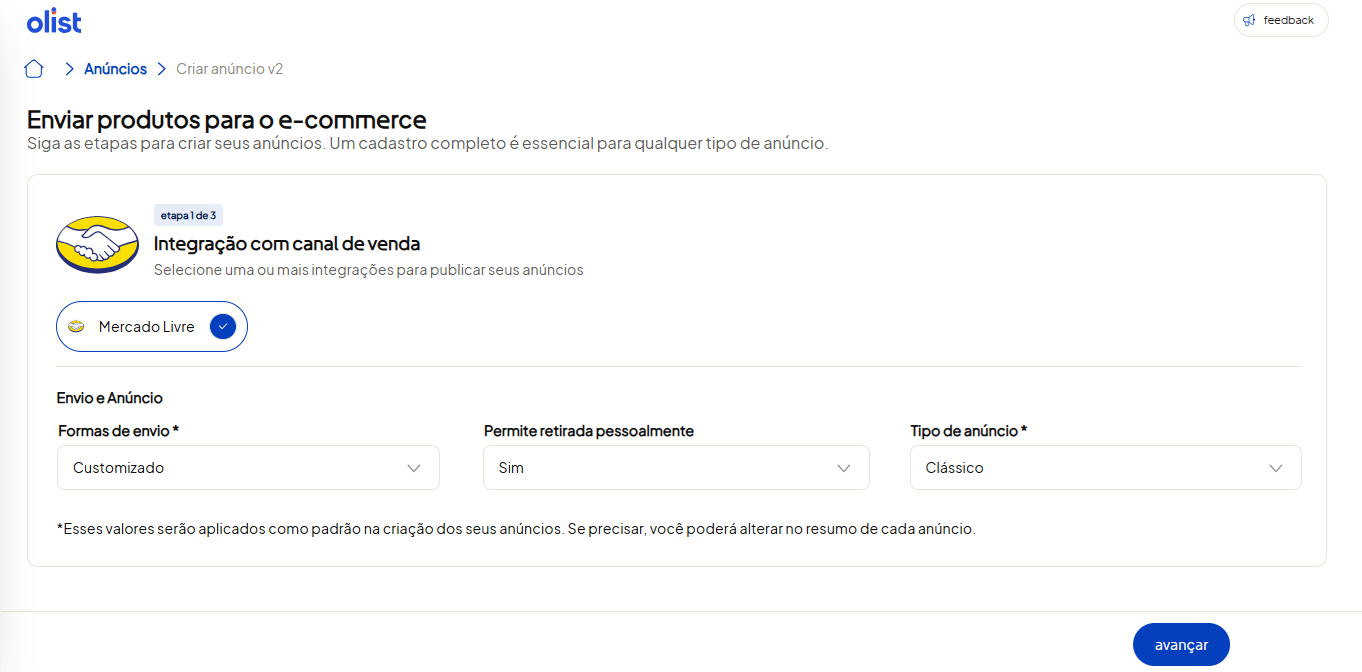 Tela oficial do Olist ERP - tut16_publicar_anuncios_hub_olist Passo 2
