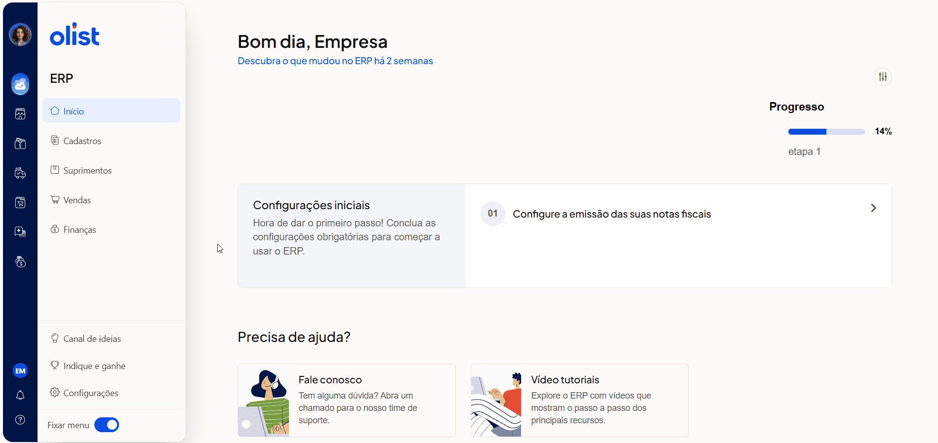 Tela oficial do Olist ERP - tut8_usuarios_permissoes Passo 1 mostrando como acessar Minha Conta e Dados do Usuário