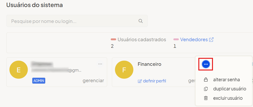 Tela oficial do Olist ERP - tut8_usuarios_permissoes Passo 10 exibindo o menu de contexto com as opções Duplicar usuário e Excluir usuário