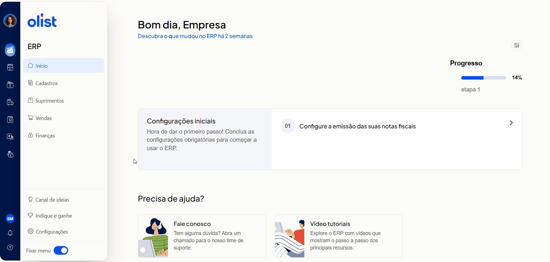 Tela oficial do Olist ERP - tut8_usuarios_permissoes Passo 2 mostrando o caminho Configurações > Configurações ERP > Cadastro de usuários do sistema” loading=”lazy” style=”max-width: 100%; height: auto; border-radius: 8px; border: 1px solid #e2e8f0; box-shadow: 0 4px 12px rgba(0,0,0,0.08);” /><figcaption style=
