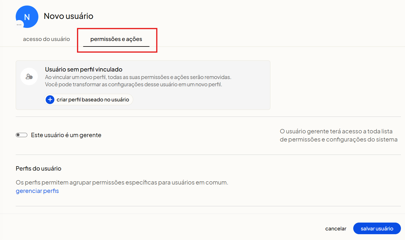 Tela oficial do Olist ERP - tut8_usuarios_permissoes Passo 7 mostrando a aba permissões e ações, perfis de contatos e Olist Conta Digital