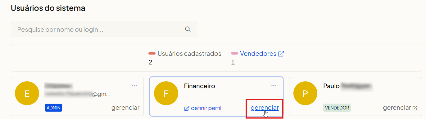 Tela oficial do Olist ERP - tut8_usuarios_permissoes Passo 8 destacando o botão gerenciar no card do usuário